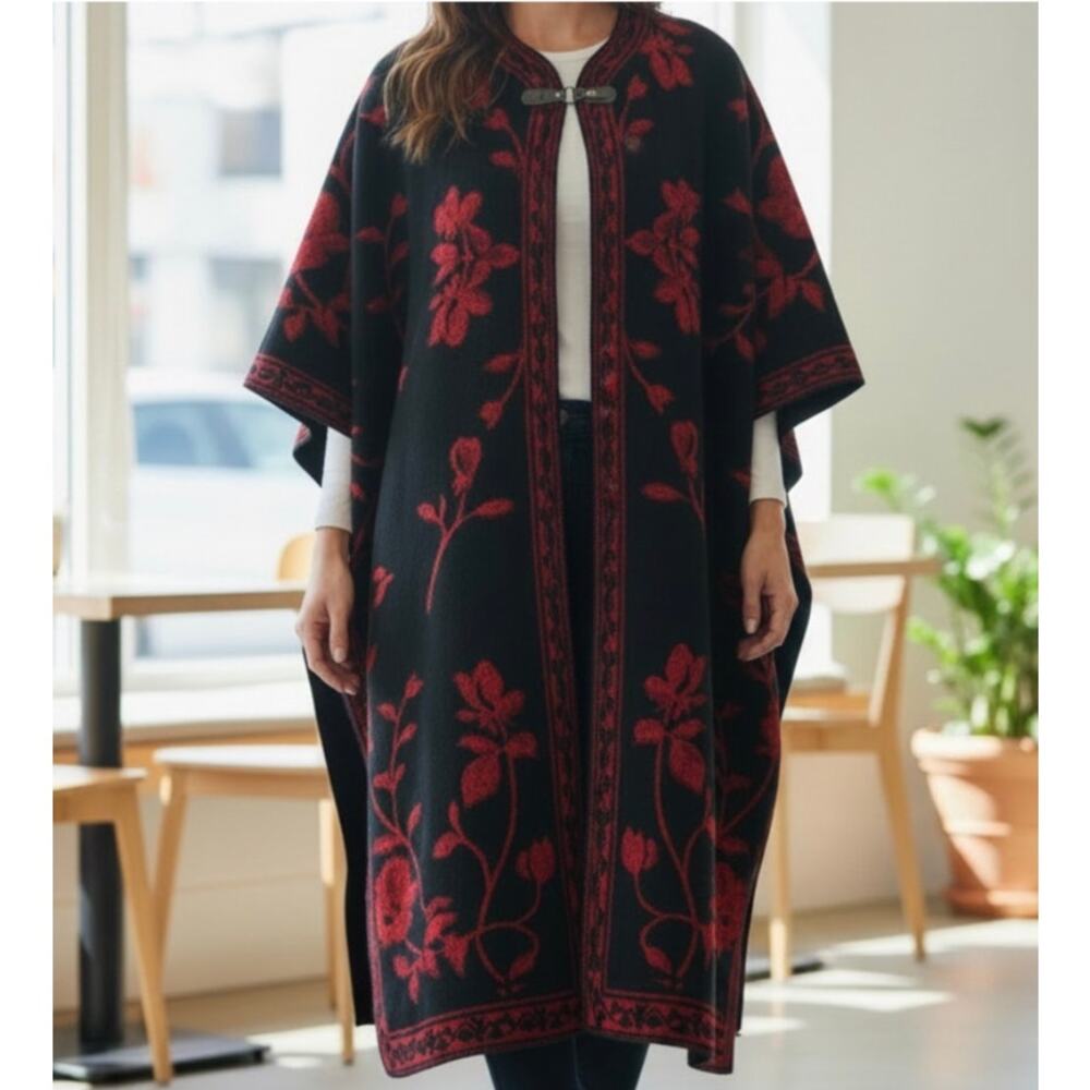 That’s It shawl/wrap with red floral embroidery on black background